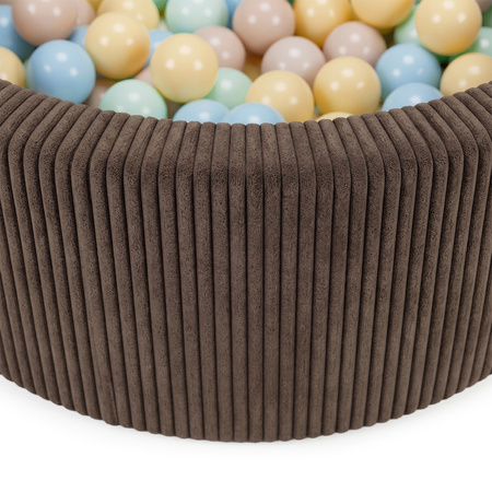 KiddyMoon Bällebad für Kinder aus Schaumstoff, weicher Rippbezug, abnehmbarer Bezug, waschbar, Braun: Pastellbeige/Pastellblau/Pastellgelb/Minze, 90 x 30 cm 200 Bälle