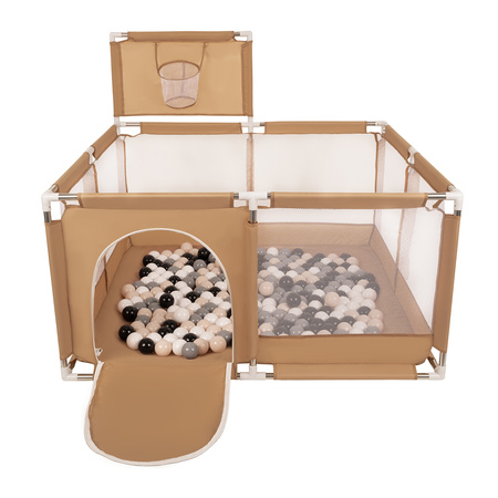 Laufstall mit Korb und Bällen Laufgitter für Kinder, beige:pastellbeige/grau/weiß/schwarz, 200 Bälle