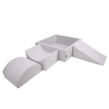 KiddyMoon Spielplatz aus Schaumstoff mit Quadrat Bällebad Bälle Hindernisläufen, hellgrau:perle/grau/transparent/puderrosa, Bällebad (300 Bälle) + Version 4