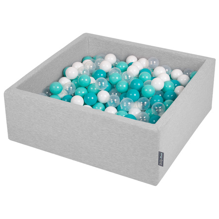 KiddyMoon Bällebad Bällepool mit bunten Bällen ∅ 7Cm  für Babys Kinder Quadrat, hellgrau:helltürkis/weiß/transparent/türkis
