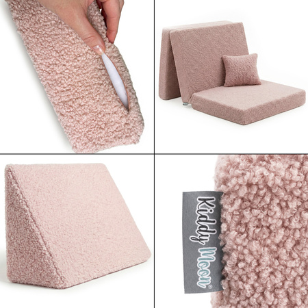 KiddyMoon Kindersofa aus Schaumstoff mit Teddy-Plüsch, modular und klappbar, mit 2 Kissen, zum Spielen, Lesen und Entspannen, rosa, Kindersofa mit 2 Kissen