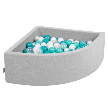 KiddyMoon Viertel Eckig Bällebad Bällepool ∅ 7Cm Ballgruben Für Babys Spielbad Kleinkinder, Hergestellt in der EU, hellgrau:helltürkis/weiß/transparent/türkis, 90 x 30 cm 200 Bälle