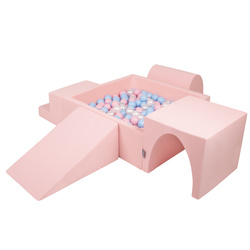 KiddyMoon Spielplatz aus Schaumstoff mit Quadrat Bällebad Bälle Hindernisläufen, pink:babyblue/puderrosa/perle, Bällebad (200 Bälle) + Version 3