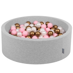 KiddyMoon Bällebad Bällepool mit bunten Bällen ∅ 7Cm  für Babys Kinder Rund, hellgrau:puderrosa/perle/golden, 90x30cm/300 Bälle