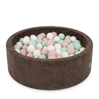 KiddyMoon Bällebad für Kinder aus Schaumstoff, weicher Rippbezug, abnehmbarer Bezug, waschbar, Braun: Pastellbeige/Weiß/Minze, 90 x 30 cm 200 Bälle