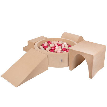 KiddyMoon Spielplatz Velvet Aus Schaumstoff Mit Samt Rund Bällebad Ballgruben Für Babys Spielbad Hindernisläufen, Hergestellt In Der EU, sandbeige:pastellbeige/puderrosa/perle/dunkelpink, Bällebad (300 Bälle) + Version 3