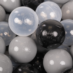 KiddyMoon Kinder Bälle für Bällebad Baby Spielbälle Plastikbälle ∅7cm Made in EU, schwarz/grau/transparent, 200 Bälle/7cm