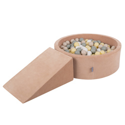 KiddyMoon Spielplatz Velvet  Aus Schaumstoff Mit Samt Rund Bällebad Ballgruben Für Babys Spielbad Hindernisläufen, Hergestellt In Der EU, wüstenrosa: pastellbeige/grüngrau/pastellgelb/weiß, Bällebad (100 Bälle) + Zwickel