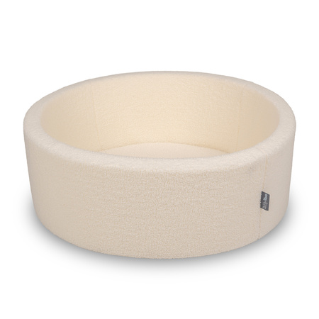 KiddyMoon Bällebad für Baby mit Teddy-Plüsch, Größere 7 cm Bälle für Eine Vollere Füllung, ab 8 Monaten, Abnehmbarer Bezug, Creme, 90 x 30 cm Ohne Bälle