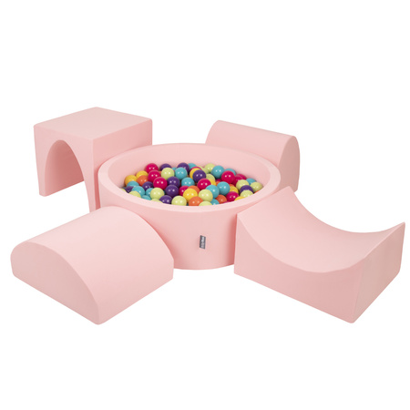 KiddyMoon Spielplatz aus Schaumstoff mit Rund Bällebad (300 Bälle) Ballgruben für Babys Spielbad Hindernisläufen, Hergestellt in der EU, pink:hellgrün/gelb/türkis/orange/dunkelpink/violet, Bällebad (200 Bälle) + Version 1