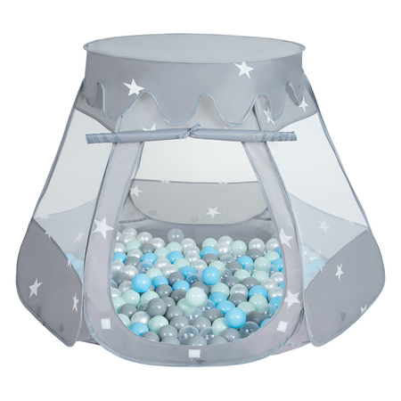 Baby Spielzelt Mit Plastikbällen Für Kinder Leicht und Kompakt ideal für Drinnen Und Draußen Fördert Sensorische Integration Schneller Aufbau, grau:perle-grau-transparent-babyblau-mint, 300 Bällen