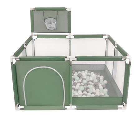 Laufstall mit Korb und Bällen Laufgitter für Kinder, grün:weiß/grau/minze, 200 Bälle