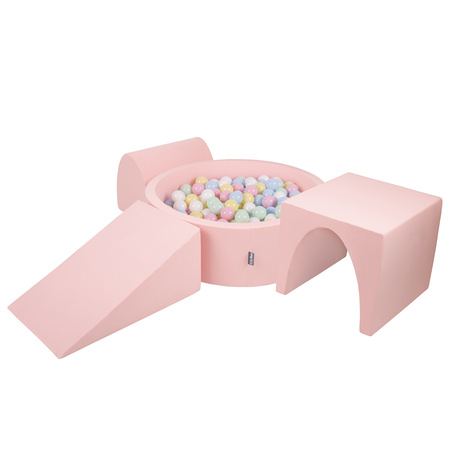 KiddyMoon Spielplatz aus Schaumstoff mit Bällebad und Bällen Hindernisläufen, pink:pastellblue/pastellgelb/weiß/minze/puderrosa, Bällebad (300 Bälle) + Version 2