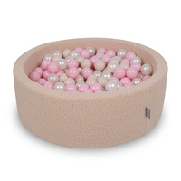 KiddyMoon Bällebad für Baby mit Teddy-Plüsch, Größere 7 cm Bälle für Eine Vollere Füllung, ab 8 Monaten, Abnehmbarer Bezug, Beige: Pastellbeige/Puderrosa/Perle, 90 x 30 cm 200 Bälle