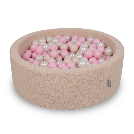 KiddyMoon Bällebad für Baby mit Teddy-Plüsch, Größere 7 cm Bälle für Eine Vollere Füllung, ab 8 Monaten, Abnehmbarer Bezug, Beige: Pastellbeige/Puderrosa/Perle, 90 x 30 cm 200 Bälle