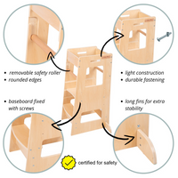 KiddyMoon Lernturm für Kinder ab 1 Jahr, Anti-Kipp-Schutz, 3-fach höhenverstellbar, Schutzbügel, Montessori Küchenhelfer, grau, 91,5x39,3x49,4