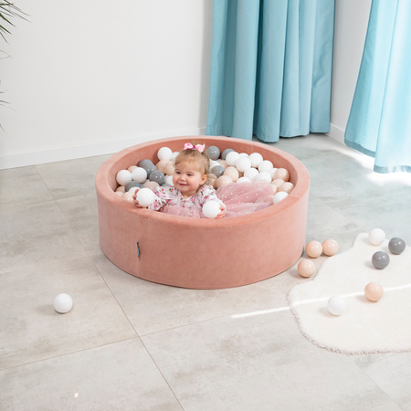 KiddyMoon Rund Bällebad Velvet  ∅ 7Cm, Sandbeige: Pastellbeige/Weiß/Perle, 90x30cm/300 Bälle