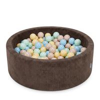 KiddyMoon Bällebad für Kinder aus Schaumstoff, weicher Rippbezug, abnehmbarer Bezug, waschbar, Braun: Pastellbeige/Pastellblau/Pastellgelb/Minze, 90 x 30 cm 200 Bälle