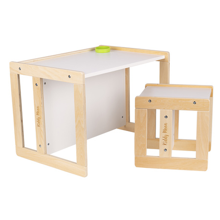KiddyMoon Kindertisch Mit Stuhl 2-in-1 Runde Kanten Kindermöbel Leicht Zu Reinigen, natürlich/weiß, Kindertisches: 61x44x44 cm/Stuhles: 30x30x30 cm