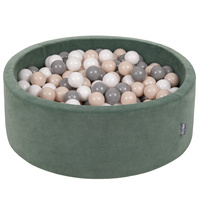 KiddyMoon Rund Bällebad Velvet Bällepool ∅ 7Cm Ballgruben Für Babys Spielbad Kleinkinder, Hergestellt in der EU, waldgrün: pastellbeige/grau/weiß, 90x30cm/300 Bälle