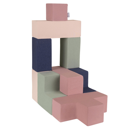 KiddyMoon Weiche Bausteine aus Schaumstoff für Kinder, erikafarben-dunkelblau-beige-salbeifarben, 9 Stücke