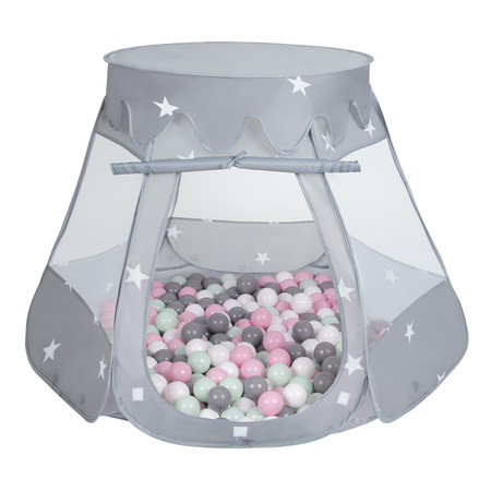 Baby Spielzelt Mit Plastikbällen Für Kinder Leicht und Kompakt ideal für Drinnen Und Draußen Fördert Sensorische Integration Schneller Aufbau, grau:weiß/garu/mint/puderrrosa, 300 Bällen