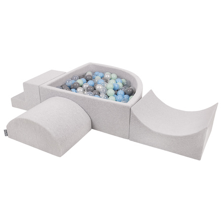 KiddyMoon Spielplatz Schaumstoff mit Viertel Eckig Bällebad Bälle Hindernisläufe, hellgrau:perle/grau/transparent/babyblue/minze, Bällebad (300 Bälle) + Version 6
