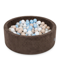 KiddyMoon Bällebad für Kinder aus Schaumstoff, weicher Rippbezug, abnehmbarer Bezug, waschbar, Braun: Pastellbeige/Pastellblau/Weiß/Perle, 90 x 30 cm 200 Bälle