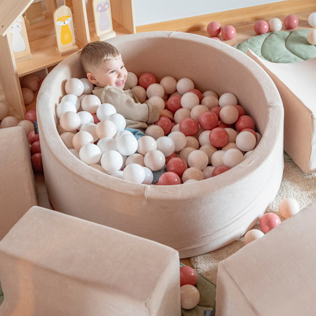 KiddyMoon Spielplatz Velvet Aus Schaumstoff Mit Samt Rund Bällebad Ballgruben Für Babys Spielbad Hindernisläufen, Hergestellt In Der EU, sandbeige:pastellbeige/puderrosa/perle/dunkelpink, Bällebad (100 Bälle) + Stüfchen