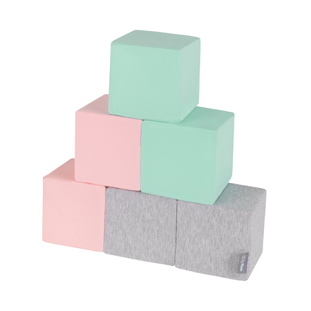 KiddyMoon Weiche Bausteine aus Schaumstoff für Kinder, Blöcke: hellgrau-pink-mint, 6 Stücke