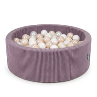 KiddyMoon Bällebad für Kinder aus Schaumstoff, weicher Rippbezug, abnehmbarer Bezug, waschbar, Violett: Pastellbeige/Weiß/Perle, 90 x 30 cm 200 Bälle