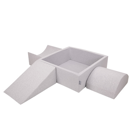 KiddyMoon Spielplatz aus Schaumstoff mit Quadrat Bällebad Bälle Hindernisläufen, hellgrau:perle/grau/transparent/puderrosa, Bällebad (300 Bälle) + Version 4