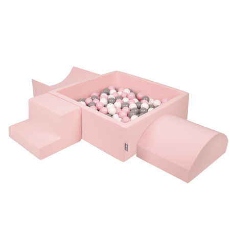 KiddyMoon Spielplatz aus Schaumstoff mit Quadrat Bällebad Bälle Hindernisläufen, pink:weiß/grau/puderrosa, Bällebad (200 Bälle) + Version 6