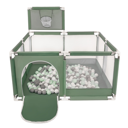 Laufstall mit Korb und Bällen Laufgitter für Kinder, grün:weiß/grau/minze, 200 Bälle
