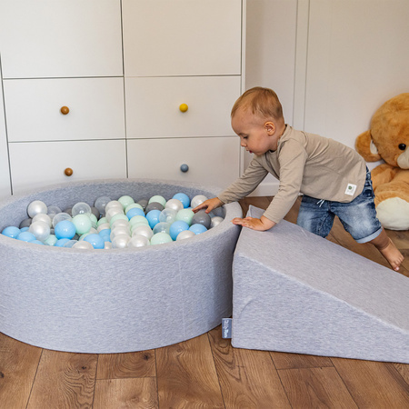 KiddyMoon Bällebad Bällepool mit bunten Bällen ∅ 7Cm für Babys Kinder Rund, dunkelgrau:schwarz/perle/gold/grau, 90 x 30 cm 200 Bälle
