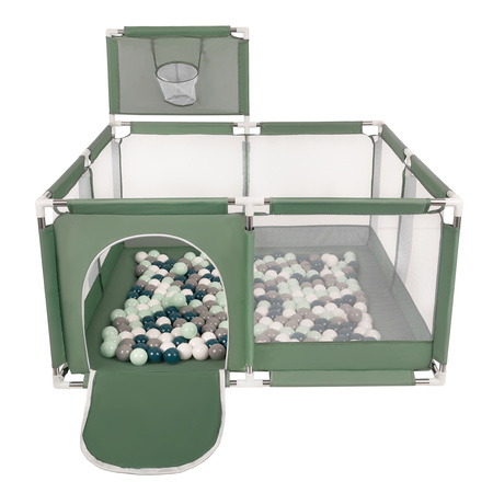 Laufstall mit Korb und Bällen Laufgitter für Kinder, grün:dunkeltürkis/grau/weiß/minze, 200 Bälle