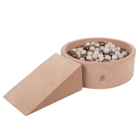 KiddyMoon Spielplatz Velvet  Aus Schaumstoff Mit Samt Rund Bällebad Ballgruben Für Babys Spielbad Hindernisläufen, Hergestellt In Der EU, wüstenrosa: pastellbeige/kupferrot/perle, Bällebad (200 Bälle) + Zwickel