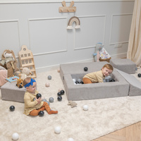 KiddyMoon Kindersofa und Bällen Für Kinder Weiches Schaumstoff-Sofa Leich Modulares Sofa Vielseitig Abnehmbarer Bezug Perfekt für Spiel Lernen und Entspannung, hellgrau: pastellbeige/pastellblau/pastellgelb/minze, Sofa + 100 Bälle