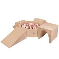 KiddyMoon Spielplatz Velvet Aus Schaumstoff Mit Samt Rund Bällebad Ballgruben Für Babys Spielbad Hindernisläufen, Hergestellt In Der EU, sandbeige:pastellbeige/lachsfarben/weiß, Bällebad (300 Bälle) + Version 3