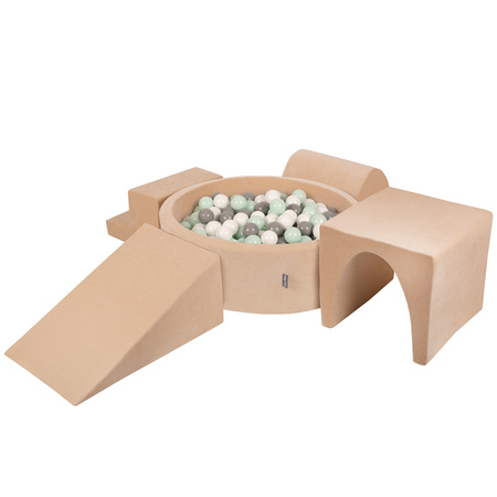 KiddyMoon Spielplatz Velvet Aus Schaumstoff Mit Samt Rund Bällebad Ballgruben Für Babys Spielbad Hindernisläufen, Hergestellt In Der EU, sandbeige:weiß/grau/minze, Bällebad (200 Bälle) + Version 3