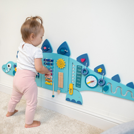 KiddyMoon Busy Board Montessori Motorikbrett Kinder Holz Dinosaurierform Lernspiel, dunkelblau, Einheitsgröße