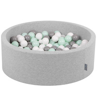 KiddyMoon Bällebad Bällepool mit bunten Bällen ∅ 7Cm  für Babys Kinder Rund, hellgrau:weiß/grau/minze, 90 x 30 cm 200 Bälle