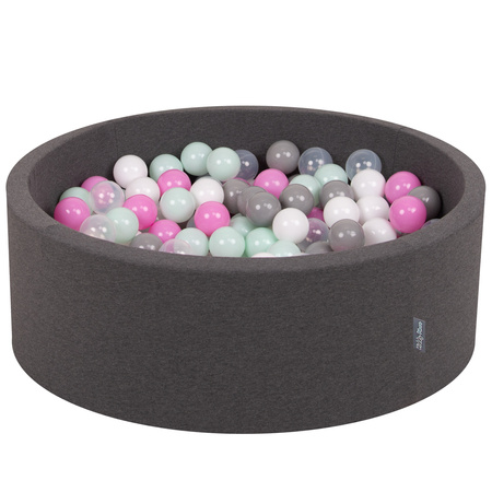 KiddyMoon Bällebad Bällepool mit bunten Bällen ∅ 7Cm  für Babys Kinder Rund, dunkelgrau:transparent/grau/weiß/pink/minze, 90x30cm/300 Bälle