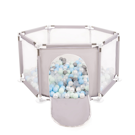 Sechseckiger Laufstall mit Bällen Laufgitter für Kinder, Grau:perle/grau/transparent/babyblau/minze, 900 Bälle