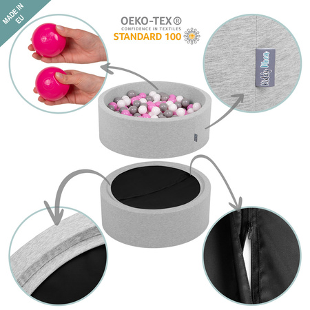 KiddyMoon Rund Bällebad Bällepool ∅ 7Cm Ballgruben Bunten Bällen Für Babys Spielbad Kleinkinder, Hergestellt in der EU, hellgrau:hellgrün-gelb-türkis-orange-dunkelpink-violett, 120x30cm/300 Bälle