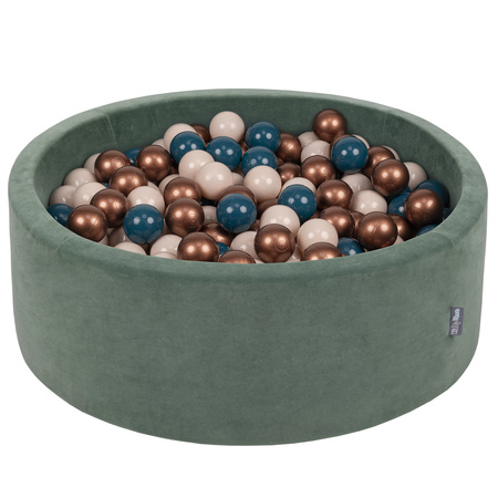 KiddyMoon Rund Bällebad Velvet Bällepool ∅ 7Cm Ballgruben Für Babys Spielbad Kleinkinder, Hergestellt in der EU, waldgrün: dunkeltürkis/pastellbeige/kupferrot, 90 x 30 cm 300 Bälle