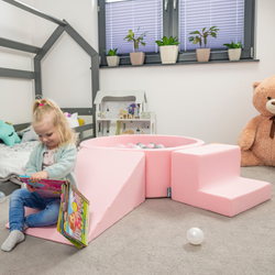 KiddyMoon Spielplatz aus Schaumstoff mit Rund Bällebad (200 Bälle) Ballgruben für Babys Spielbad Hindernisläufen, Hergestellt in der EU, pink:pastellblau/pastellgelb/weiß/minze/puderrosa, Bällebad (100 Bälle) + Stüfchen