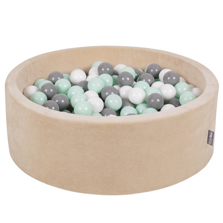 KiddyMoon Rundes Bällebad Schaumstoff Velvet Sensorik Spielzeug, Sandbeige: Weiß/Grau/Mint, 90 x 30 cm 200 Bälle