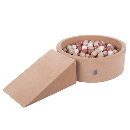 KiddyMoon Spielplatz Velvet  Aus Schaumstoff Mit Samt Rund Bällebad Ballgruben Für Babys Spielbad Hindernisläufen, Hergestellt In Der EU, wüstenrosa: pastellbeige/lachsfarben/weiß, Bällebad (100 Bälle) + Zwickel