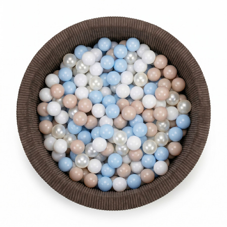 KiddyMoon Bällebad für Kinder aus Schaumstoff, weicher Rippbezug, abnehmbarer Bezug, waschbar, Braun: Pastellbeige/Pastellblau/Weiß/Perle, 90 x 30 cm 200 Bälle